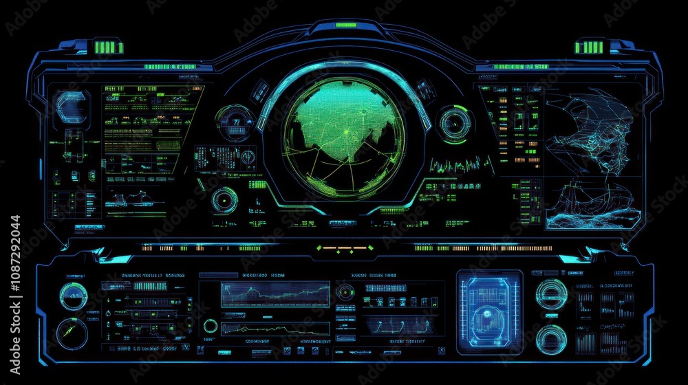 Poster futuristic control panel with radar and data displays for monitoring and analysis.