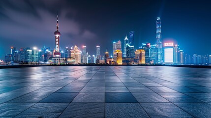 Empty square floor with city skyline background, City skyline with a cosmic twist, celestial bodies illuminating the urban panorama