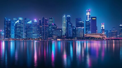 Fototapeta premium Nighttime Cityscape Reflecting In Calm Waters