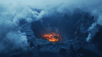 A lava pit in the center, surrounded by dark clouds, and a faint blue sky. Ancient Ruins Fantasy. Illustration