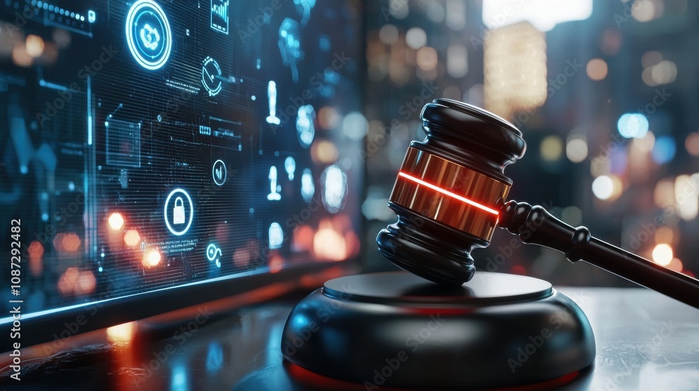 Poster futuristic gavel with neon lit handle in digital setting