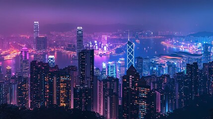 Nighttime Hong Kong City Skyline Illuminates The Harbor