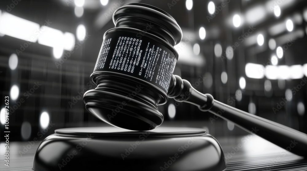 Poster futuristic judge's gavel with holographic data