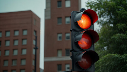 An amber traffic light shines brightly as vehicles wait to move in a busy urban area filled with tall buildings and green trees under overcast sky