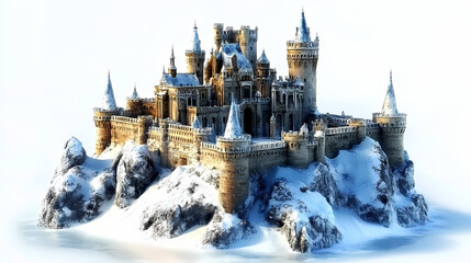 3d render fantasy winter castle on the mountain isolated. Ancient Ruins Fantasy. Illustration