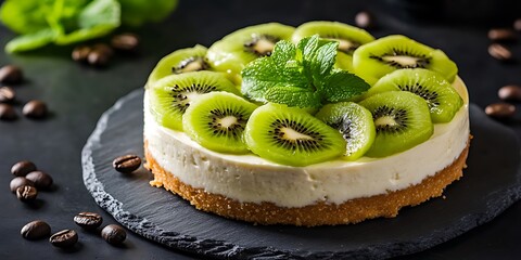  Photorealistic image of a kiwi cake with creamy cheese layers and green-colored chocolate, topped with fresh kiwifruit slices, placed on a dark grey stone or marble surface with scattered coffee bean