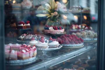 Variety of desserts in store window