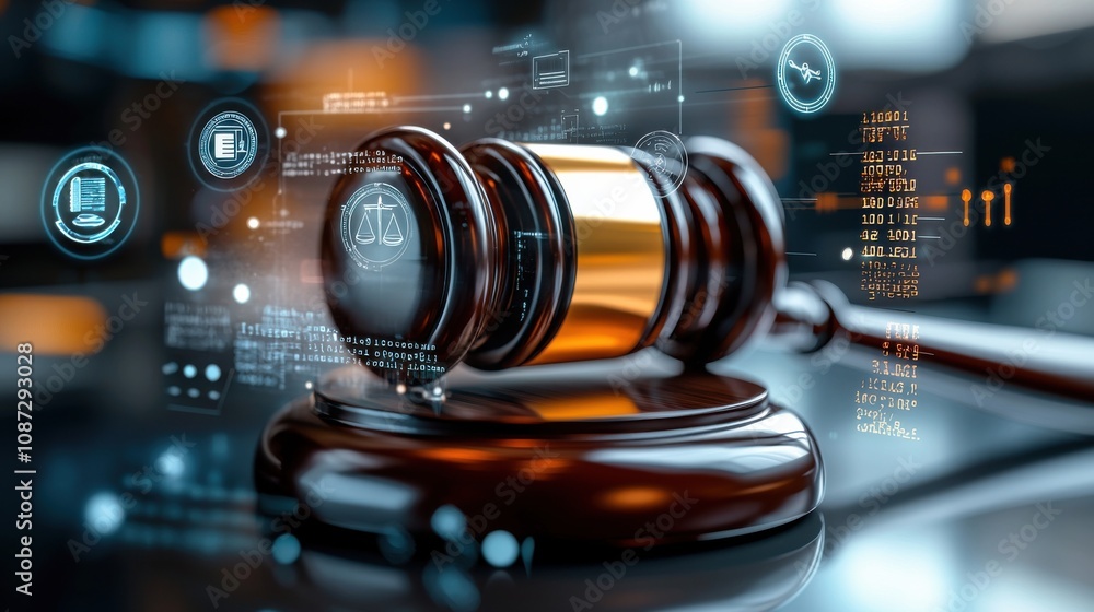 Poster metallic gavel with generative ai elements