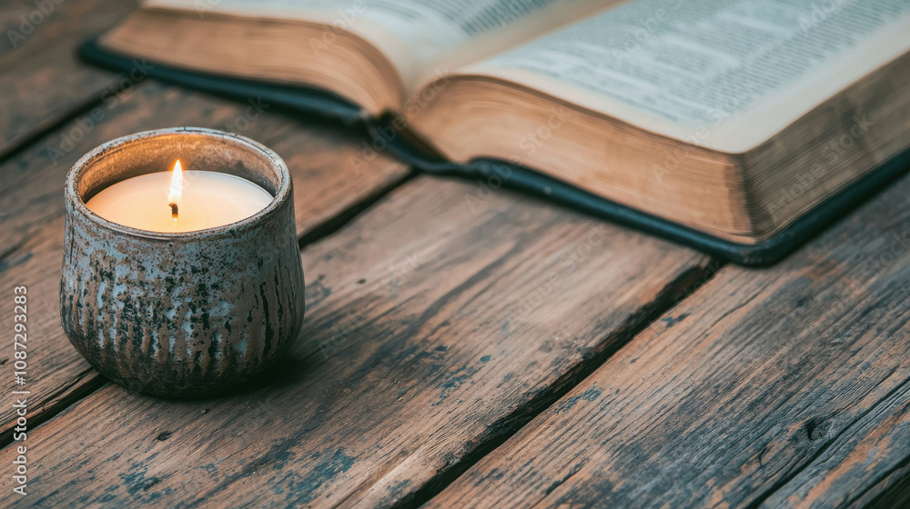 Poster cozy atmosphere with flickering candle beside open book on rustic wooden table, inviting a sense of 