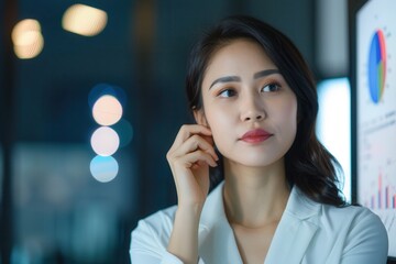 A thoughtful businesswoman in a modern office setting, looking pensive while analyzing data charts with blurred lights in the background.
