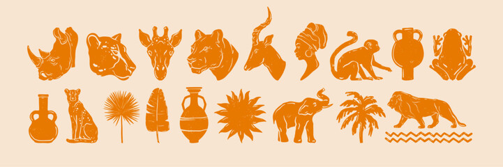 African animal linocut print set, vector hand drawn jungle nature shape, modern boho ethnic logotype. Safari wild design element, lion, giraffe, monkey, cheetah rhino silhouette. Minimal African print © Oleksandra