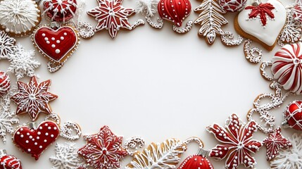 Fototapeta premium Festive red and white christmas cookies with snowflake designs