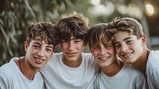 Four Teenage Boys in White T-Shirts Smiling and Looking at the Camera