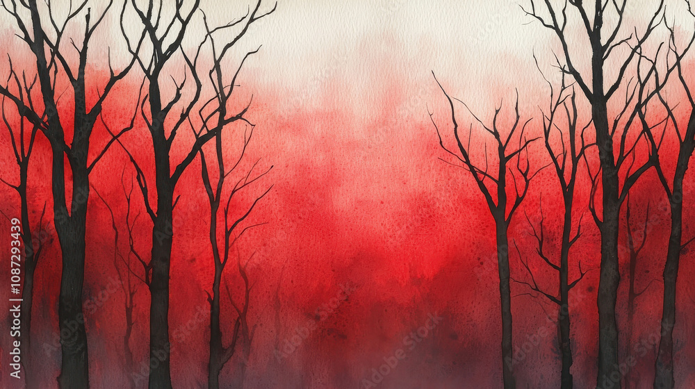 Poster eerie atmosphere of a dark forest with red-gradient background and silhouetted trees creating a haun