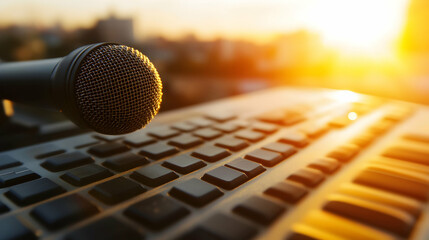 Microphone close-up on sound mixer board, backlit by warm sunset light;  audio recording, broadcasting concept.