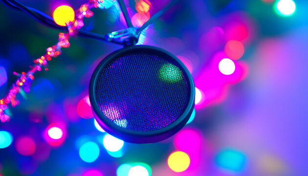 Close-up shot of a microphone against a vibrant backdrop of blurred colorful lights, ideal for music, party, or entertainment themes.