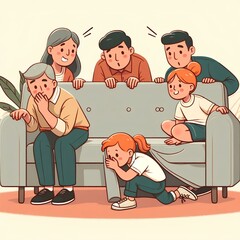 Family members playing hide and seek, with one child hiding behind a sofa.