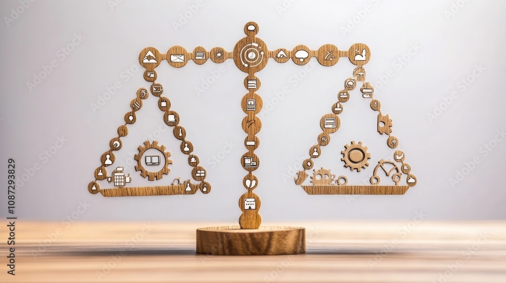 Poster this artwork displays a wooden balance scale featuring various icons representing law and technology
