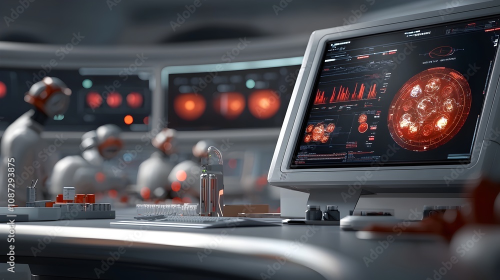 Poster futuristic biotech control room with sleek metallic surfaces advanced holographic displays and a tea