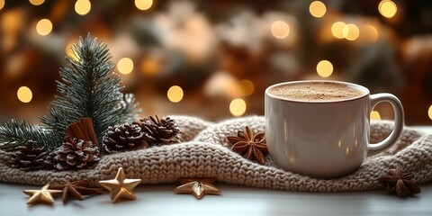 cozy Christmas background with a small pine tree, stars, and cinnamon in a ceramic mug on a white table against a blurred lights garland. A banner for a holiday party concept