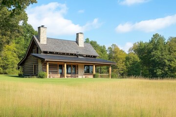 Obraz premium Traditional Log Cabin Overlooking Serene Green Meadow