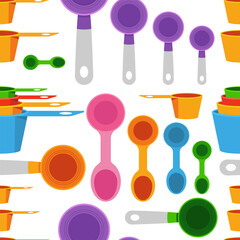 Measuring spoons and cups vector cartoon seamless pattern background.