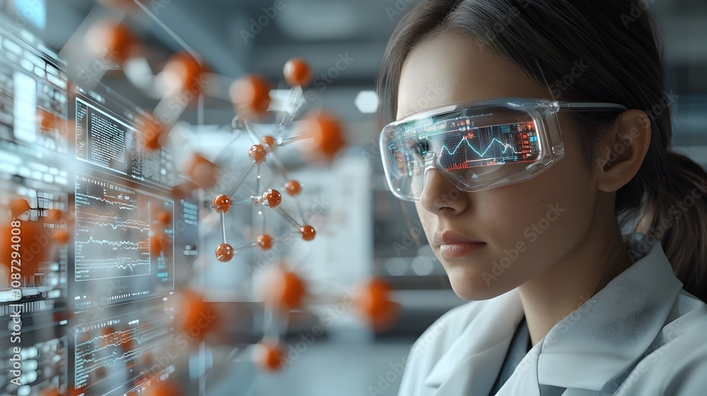 Poster biotech data scientist using sophisticated holographic user interface and intricate 3d molecular mod