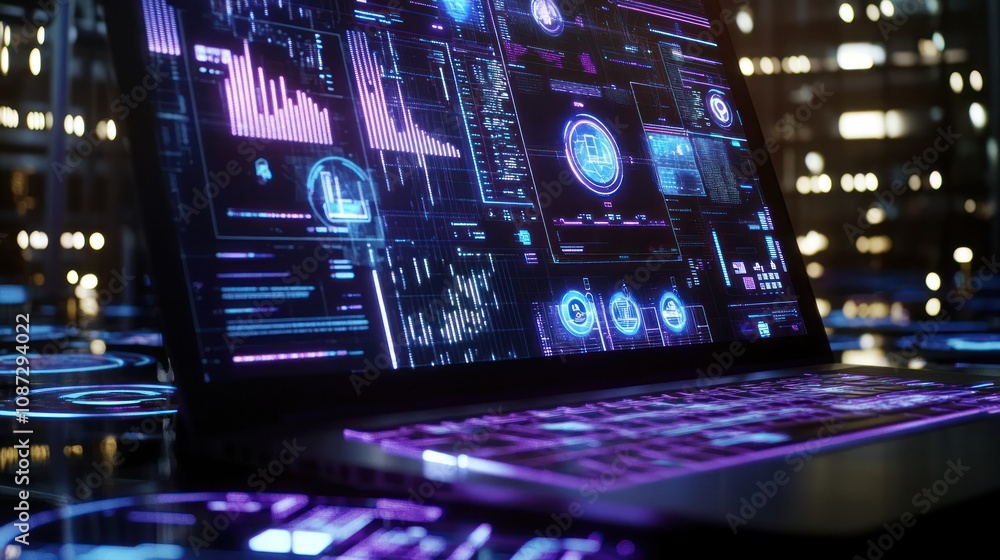 Poster a futuristic laptop displaying vibrant data visualizations and analytics.