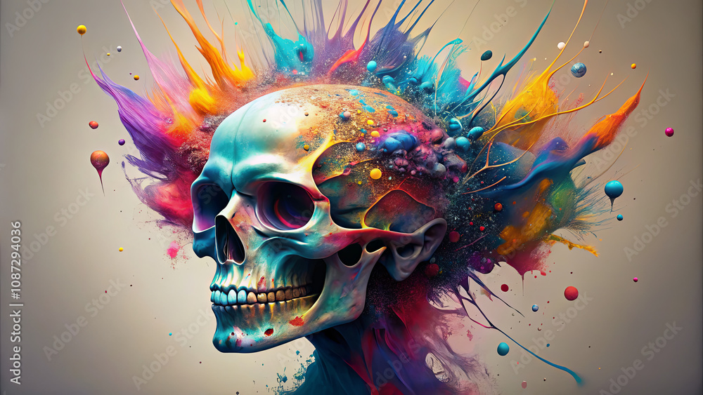 Poster An intricate skull adorned with bright colors and dynamic splashes evokes a sense of creativity, combining elements of art and abstraction in a striking display of imagination