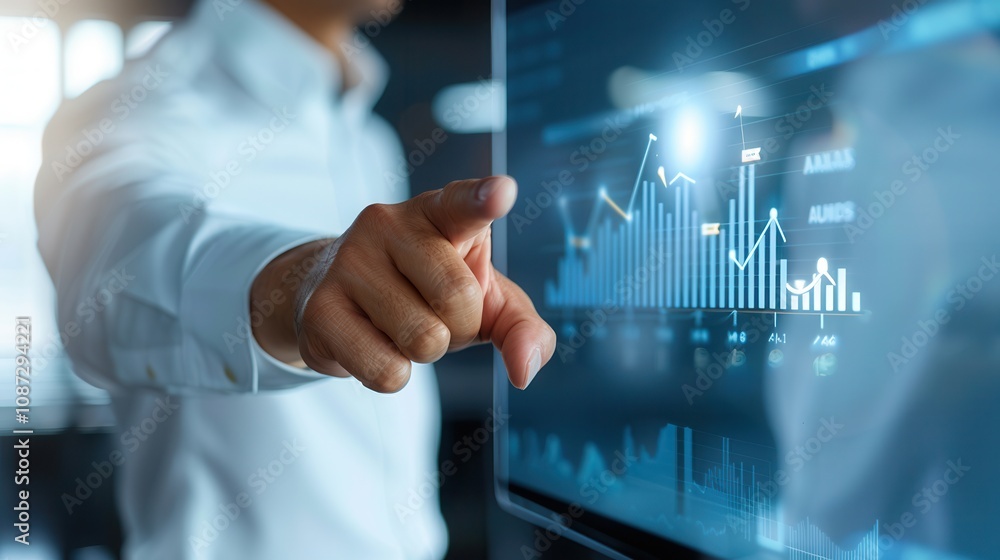 Poster a business professional pointing at a digital screen showing financial graphs and analytics, symboli