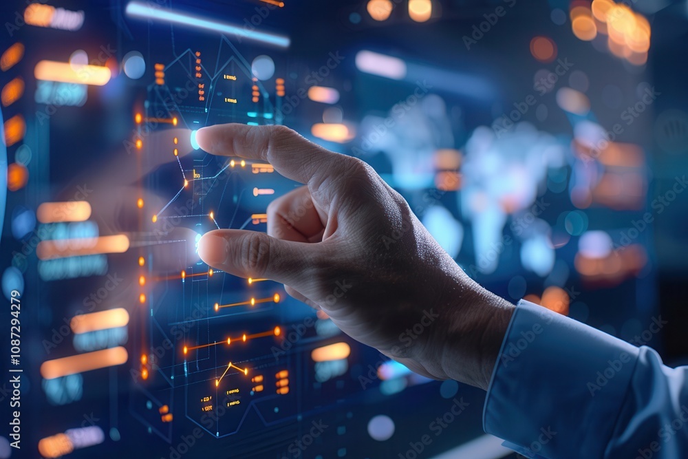 Poster close-up of a hand using a futuristic digital interface with glowing data, analytics, and network vi