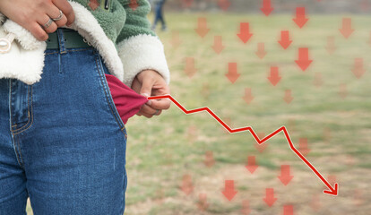 Human showing empty pocket with a decline arrows. Economic recession crisis. No money