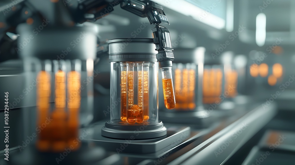 Poster futuristic biotech laboratory with glowing vials of luminescent biomatter gleaming robotic arms mani