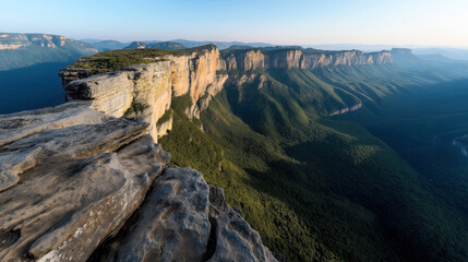 Fototapeta premium Panoramic view of a steep cliff and lush green valley with expansive mountainous landscape during daylight