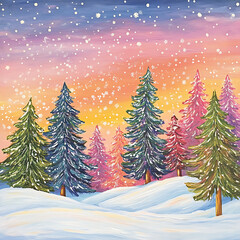 Peaceful Winter Wonderland with Snowy Pines and Vibrant Sunset Sky Painting, Perfect for Holiday Decor and Seasonal Artwork