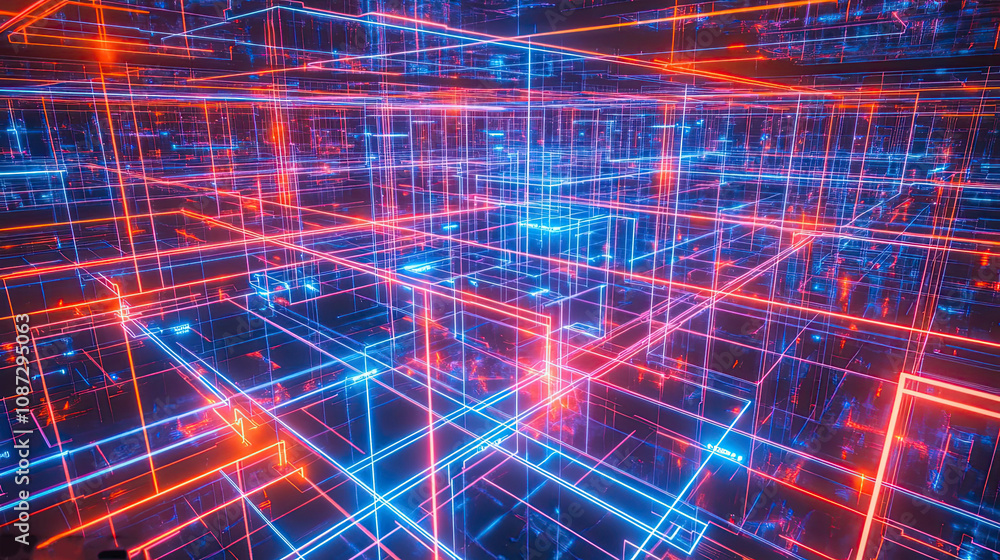 Poster abstract 3d grid with neon red and blue lines