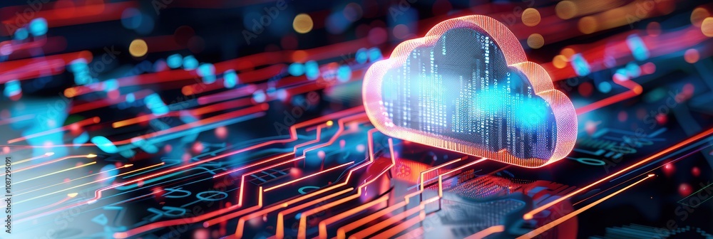 Aufkleber a glowing digital cloud icon over a futuristic circuit board, emphasizing cloud storage, data techno