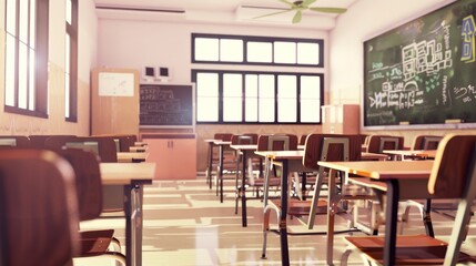 Fototapeta premium Empty Classroom with Sunlight Streaming Through Windows