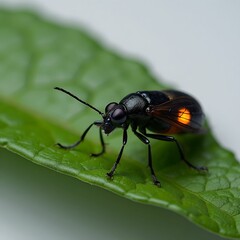 Fototapeta premium Close-up of a fly resting on a green leaf, showcasing macro details. 