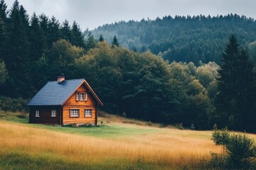 Obraz premium Picturesque Log Cabin with Forest View