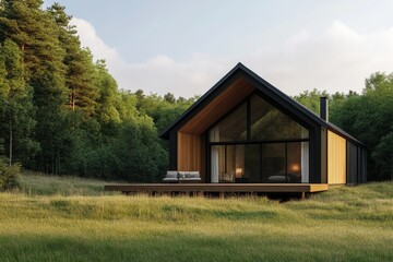 Obraz premium Modern Log Cabin in Serene Meadow