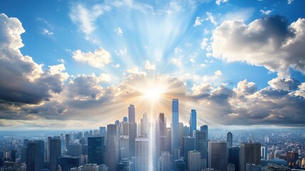 Fototapeta premium Heavenly City with Cascading Waterfalls and Sunlight