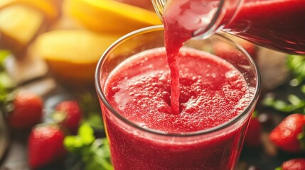 A healthy smoothie being poured into a glass, emphasizing wellness and nutrition