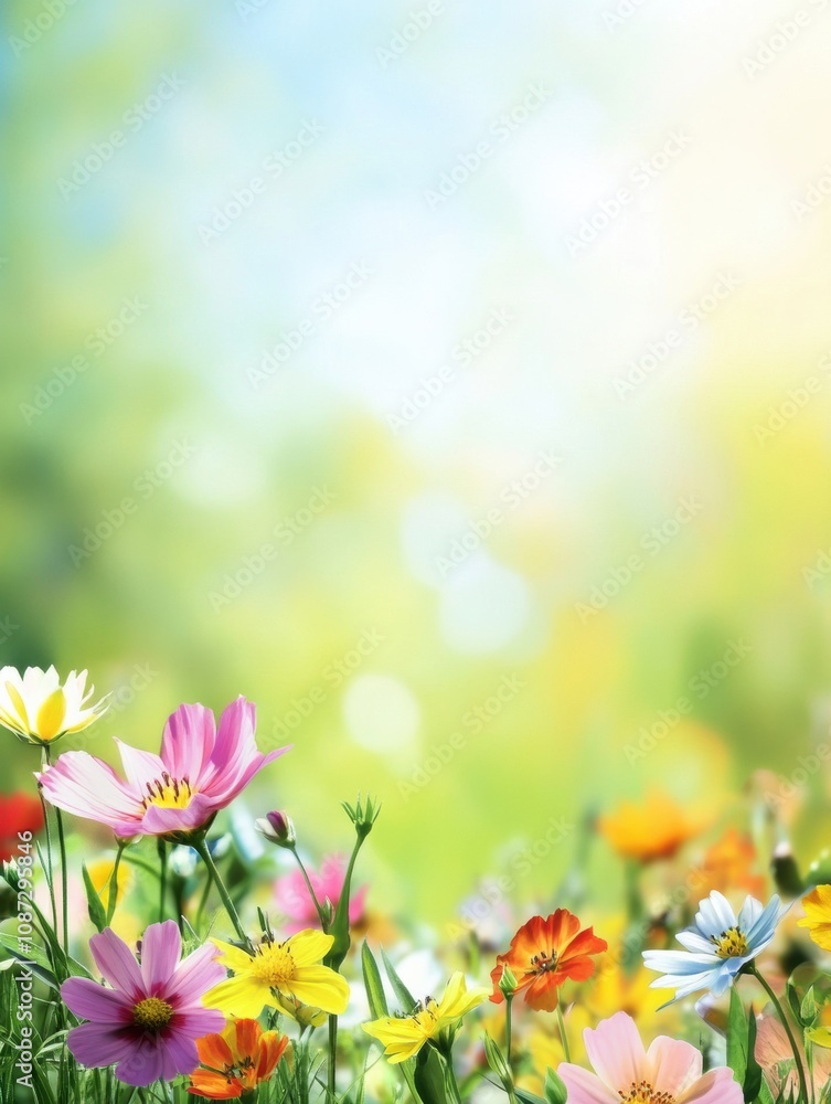 Fototapete A vibrant array of blooming flowers fills a green meadow, creating a lively and cheerful atmosphere in spring sunshine. Generative AI