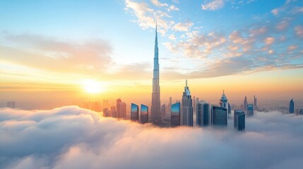 Fototapeta premium Stunning Metropolis at Sunrise Above the Clouds