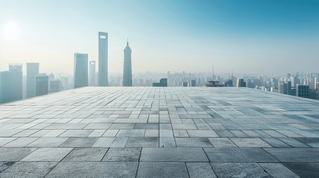 Empty square floor with city skyline background, Cityscape in perpetual motion, kinetic energy pulsating through the urban panorama