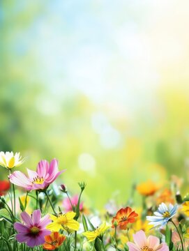 Fototapeta A vibrant array of blooming flowers fills a green meadow, creating a lively and cheerful atmosphere in spring sunshine. Generative AI