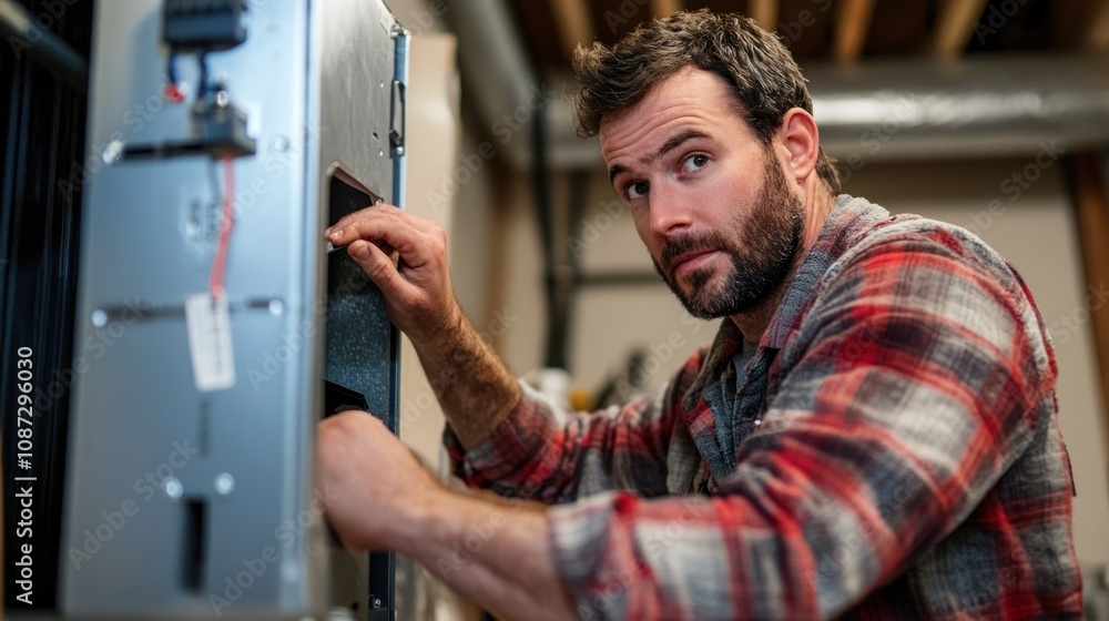 Poster a handyman demonstrates how to troubleshoot a problem with ductwork illustrating the skills and know