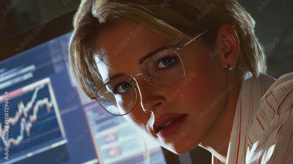 Aufkleber a focused individual with glasses, analyzing data on a computer screen.
