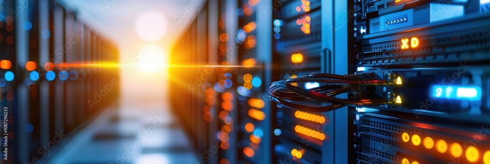 Poster a row of server racks in a data center with glowing lights and a warm sunlight beam, symbolizing mod